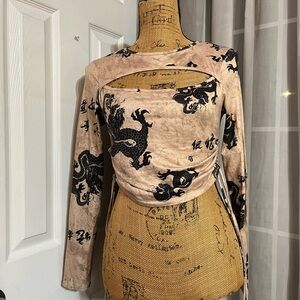 Dragon Print Beige Long Sleeve Top